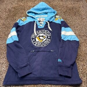 CCM Pittsburgh Penguins NHL Lace Up Hoodie Navy Blue Mens Large Distressed L